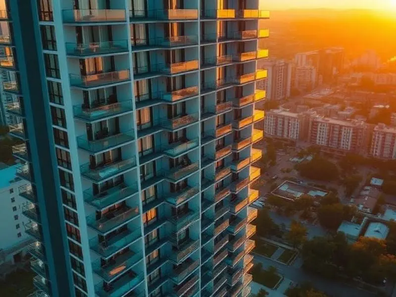 Aerial view across a city at sunset.